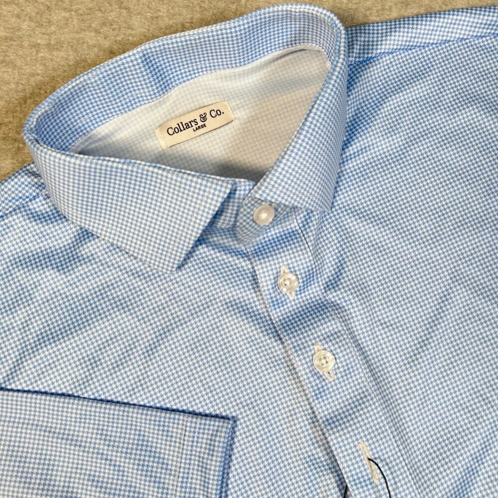 Collars & Co Polo Shirt Mens L Blue Gingham Dress Collar Polo Shirt Polyester